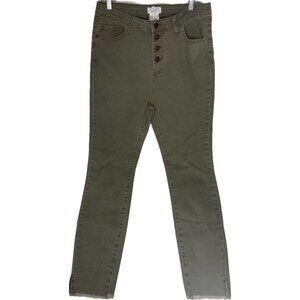 Mud Pie NWT Wells Button Fly Jeans Sage Green Stretch Denim Slim Raw Hem Size L